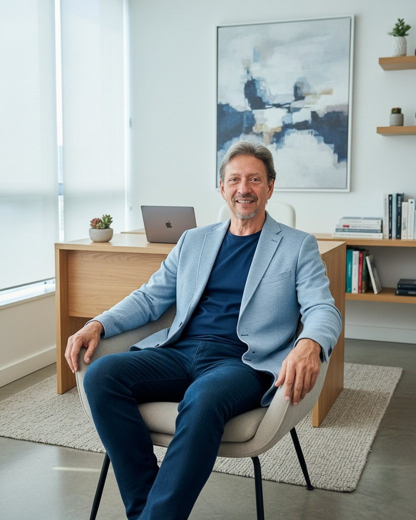 El Dr. Roberto Dutra sentado en su consultorio, con saco celeste